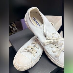 Converse White Leather Low Top Sneakers with Cream Laces